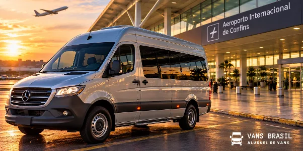 Van executiva estacionada em frente ao terminal do Aeroporto Internacional de Confins ao amanhecer